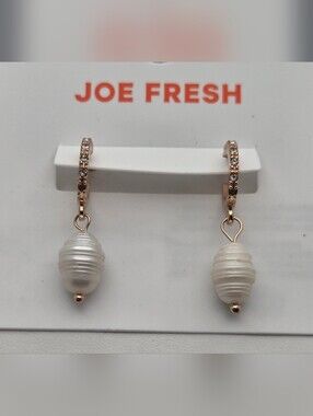 Joe Fresh Rose Gold Huggie Hoop Earrings Pavé Crystal & Pearl Drop 1.25” New